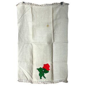 Linen Hand Towel Crochet Lace Vintage 3D Rose Accent Holiday Tea Christmas Decor